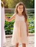 Light Peach Tulle Pearls V Back Short Flower Girl Dress